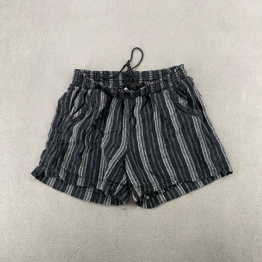 Riggs Womens Large Black White Striped Linen Blend Smocked Waist Shorts 7597